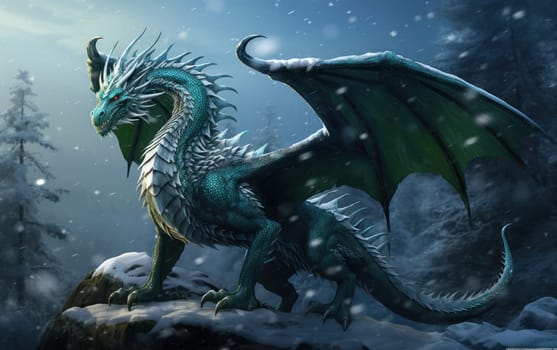 Fairytale green dragon in snowy forest against the backdrop of mountains. Fantasy dinosaur in the mountains in winter. Symbol of the New Year 2024. AI