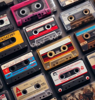 cassette tape , film, disc and other audio video formats of the past, vintage retro illustration ai generated art