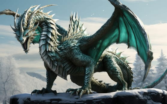 Fairytale green dragon in snowy forest against the backdrop of mountains. Fantasy dinosaur in the mountains in winter. Symbol of the New Year 2024. AI