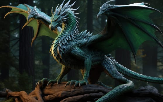 Fantasy dragon in hyperrealism style. Huge reptile with scales, green dragon in a fairy green forest, symbol of the year 2024. AI