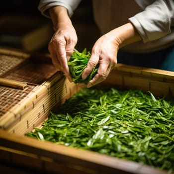 Man hands holding and sorting green tea leaves. AI Generated