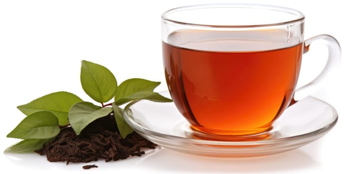 Glass cup of hot aromatic tea on white background. AI Generated