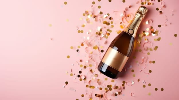 Top view of Champagne Bottle, Golden Confetti, and Decorative Balls on a Stylish light pink Background, Flat Lay Arrangement. with copy space