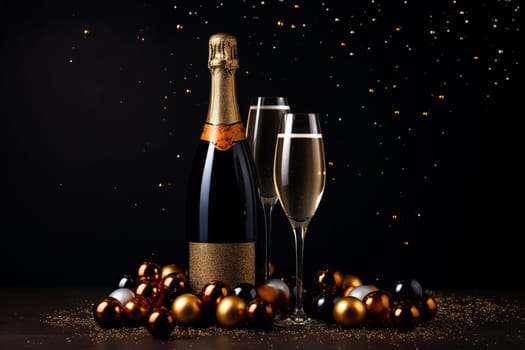 Premium Christmas Party Theme with Champagne Bottle, Wine Glasses, Golden Confetti, and Decorative Balls on a Stylish Dark Background. Lavish Flat Lay Arrangement with copy space.