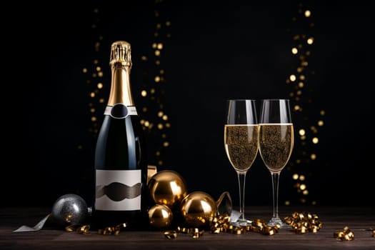 Premium Christmas Party Theme with Champagne Bottle, Wine Glasses, Golden Confetti, and Decorative Balls on a Stylish Dark Background. Lavish Flat Lay Arrangement with copy space.