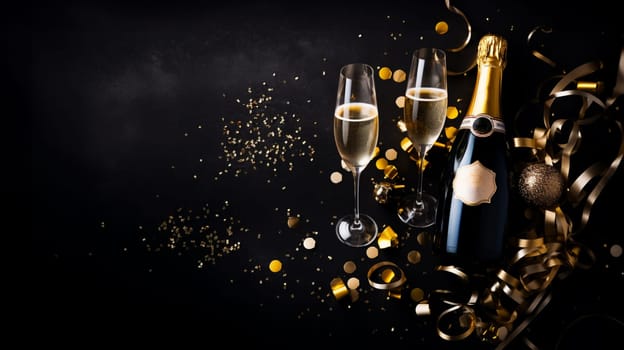 Premium Christmas Party Theme with Champagne Bottle, Wine Glasses, Golden Confetti, and Decorative Balls on a Stylish Dark Background. Lavish Flat Lay Arrangement with copy space.