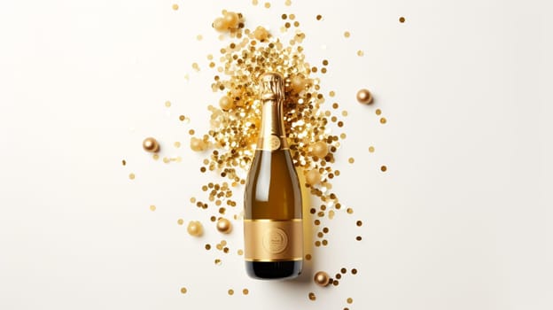 Top view of Champagne Bottle, Golden Confetti, and Decorative Balls on a Stylish light Background, Flat Lay Arrangement. with copy space