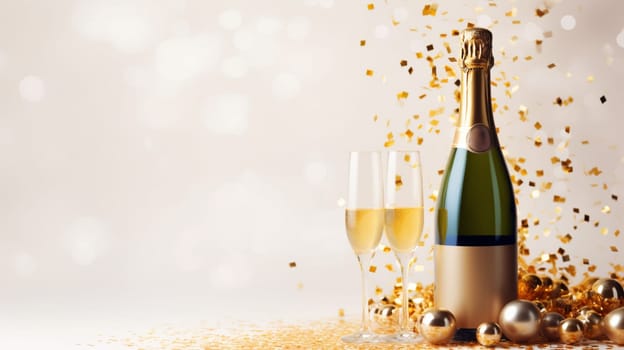 Top view of Champagne Bottle, Golden Confetti, and Decorative Balls on a Stylish light Background, Flat Lay Arrangement. with copy space