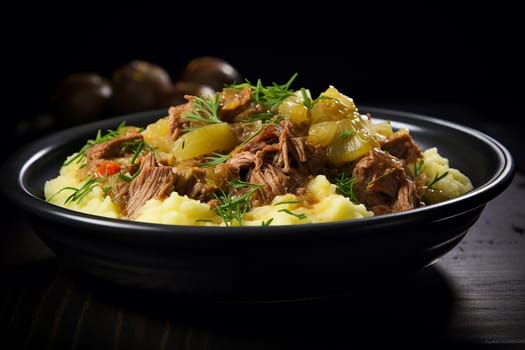 Cassoeula, traditional Lombardy dish with a stew made with pork meat and cabbage, often served with polenta. Italian seasonal comfort dish.