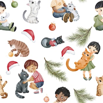 seamless pattern. Pine branch. boy is sitting with his pet. Asian Girl holds her red cat in arms. Friendship. funny kitties playing with Christmas balls.Cute characters New Year. for textile, wrapping.