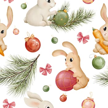 Seamless pattern. Bunny and rabbit with Christmas toys watercolor set. Hand drawn animals in different color. hare illustration element. Cute characters for Christmas, New Year. for textile, wrapping.