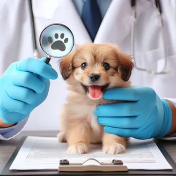 Vet examining dog and cat. Puppy and kitten at veterinarian doctor. Animal clinic. Pet check up and vaccination. Health care.