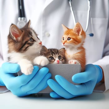 Vet examining dog and cat. Puppy and kitten at veterinarian doctor. Animal clinic. Pet check up and vaccination. Health care.