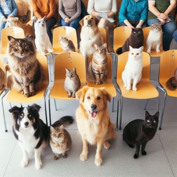 photo of dogs cats and other home animals sitting on chairs waiting in a queue to pets clinic.