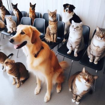 photo of dogs cats and other home animals sitting on chairs waiting in a queue to pets clinic.