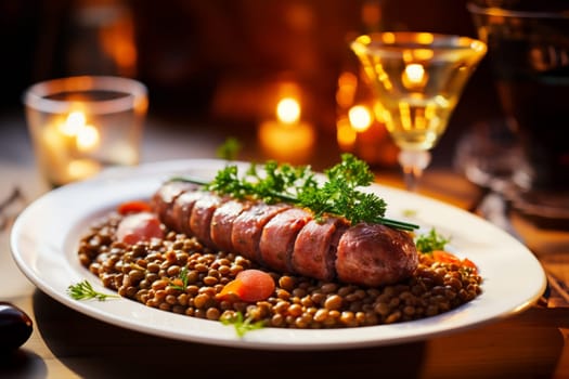 Cotechino with lentils raditional a Emilia-Romagna dish, with sausage served with lentils, symbolizing luck and prosperity for the new year.