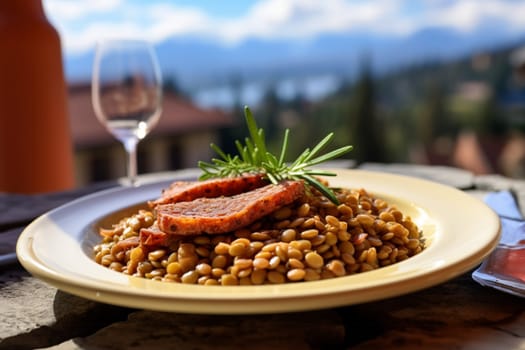 Cotechino with lentils raditional a Emilia-Romagna dish, with sausage served with lentils, symbolizing luck and prosperity for the new year.