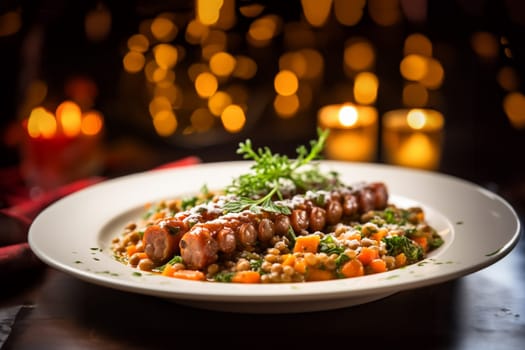 Cotechino with lentils raditional a Emilia-Romagna dish, with sausage served with lentils, symbolizing luck and prosperity for the new year.