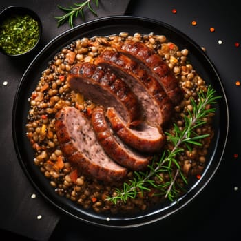 Cotechino with lentils raditional a Emilia-Romagna dish, with sausage served with lentils, symbolizing luck and prosperity for the new year.