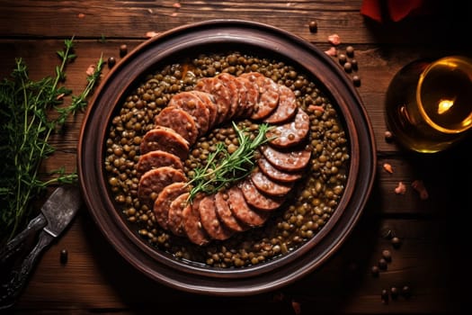 Cotechino with lentils raditional a Emilia-Romagna dish, with sausage served with lentils, symbolizing luck and prosperity for the new year.