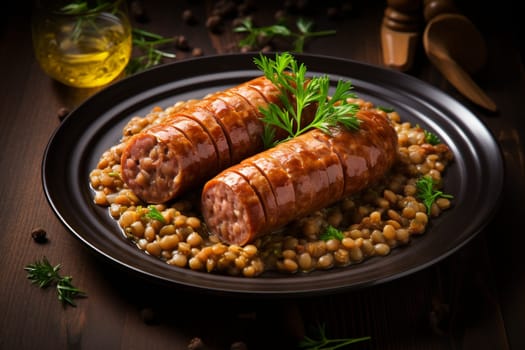 Cotechino with lentils raditional a Emilia-Romagna dish, with sausage served with lentils, symbolizing luck and prosperity for the new year.