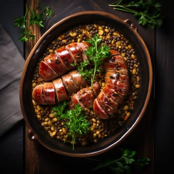 Cotechino with lentils raditional a Emilia-Romagna dish, with sausage served with lentils, symbolizing luck and prosperity for the new year.