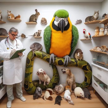 photo of pet clinic full of parrots hamster rats cats dogs and a fat snake.