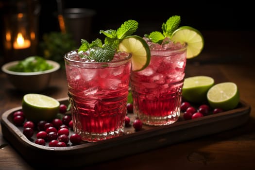 Cranberry Mule with vodka, ginger beer, cranberry juice, lime. Christmas cocktail idea.