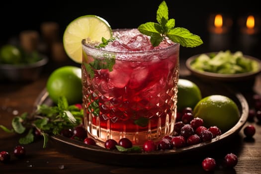 Cranberry Mule with vodka, ginger beer, cranberry juice, lime. Christmas cocktail idea.