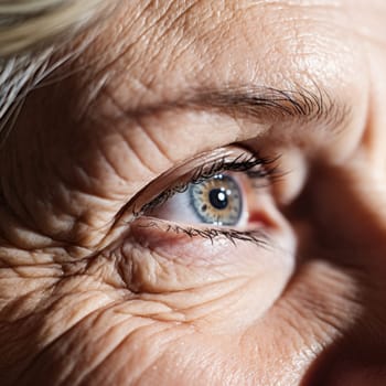 Close up cropped shot, face of old woman eye looking straight, into distance. Macro eye close up, AI Generated