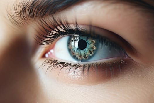 Close up cropped shot, face of young woman eye looking straight, into distance. Macro eye close up, AI Generated