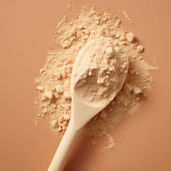 Measuring spoon for milk whey protein On beige background. AI Generated