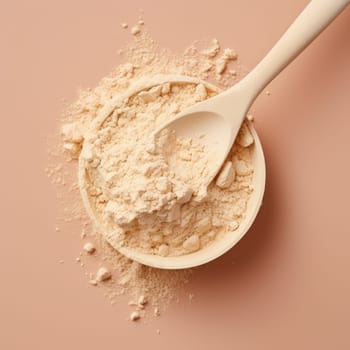 Measuring spoon for milk whey protein On beige background. AI Generated