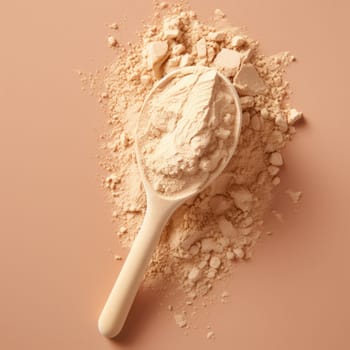 Measuring spoon for milk whey protein On beige background. AI Generated