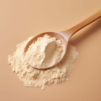 Measuring spoon for milk whey protein On beige background. AI Generated