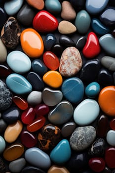 Vertical wallpaper made of multi-colored beach stones. Background of colored pebbles.