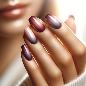 Woman fingers showcasing glossy gradient nails on a bright background. Created using AI Generated technology and image editing software.
