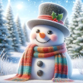 Colorful Scarf Adorned Snowman in a Snowy Setting. Created using AI Generated technology and image editing software.