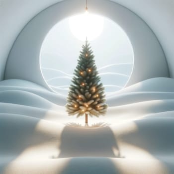 Serene winter wonderland with illuminated tree. Created using AI Generated technology and image editing software.