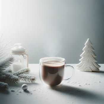 Winter hot cocoa with snow decor. Created using AI Generated technology and image editing software.