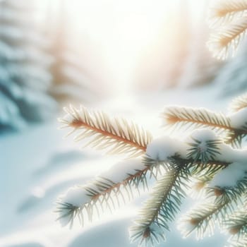 Soft dawn on snowy spruce. Created using AI Generated technology and image editing software.