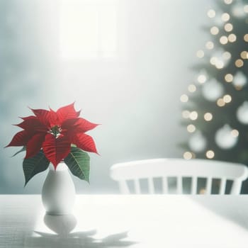 Crimson poinsettia in white vase. Created using AI Generated technology and image editing software.