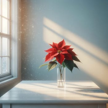 Winter poinsettia in vase with light. Created using AI Generated technology and image editing software.