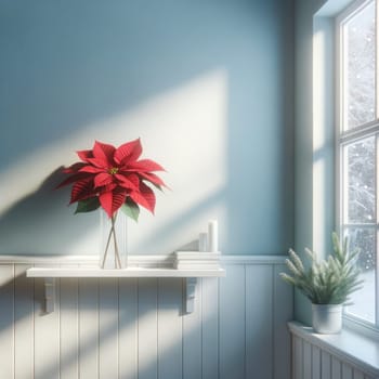 Poinsettia in snow light blue wall. Created using AI Generated technology and image editing software.