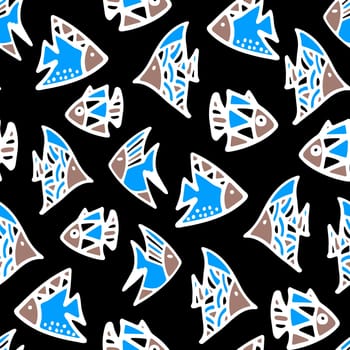 Colorful Fishes Seamless Pattern. Background for Kids with Hand drawn Doodle Cute Fish. Cartoon Sea Animals illustration. Underwater World Digital Paper on Black Background.
