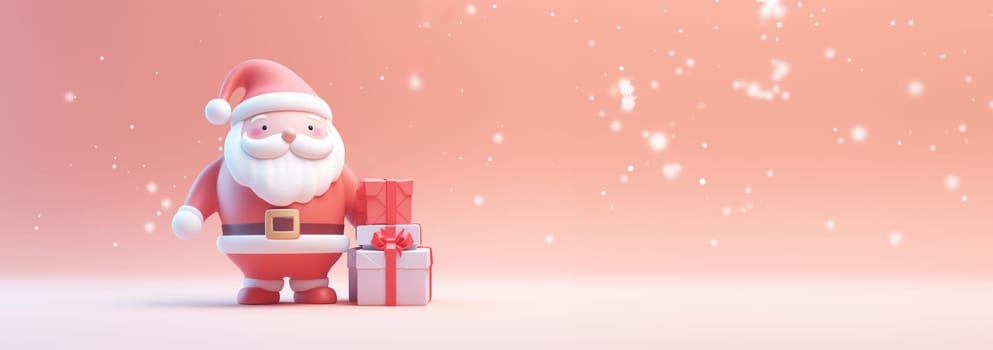 Cute Santa Claus cartoon pastel colored. Merry Christmas and Happy New Year. Realistic 3d cartoon Santa Claus with funny smile, with red bag of gifts. Xmas Holiday background. Greeting card, banner, web poster. illustration Copy space Space for text