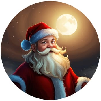 Cartoon Christmas illustration Funny happy Santa Claus character with gift, bag with presents. For Christmas cards, banners, tags and labels.