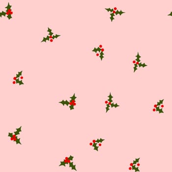 Hand drawn seamless pattern with Christmas winter elements in red green pink, small ditsy traditional retro vintage holly holiday plant design on white background. Bright colorful print for celebration