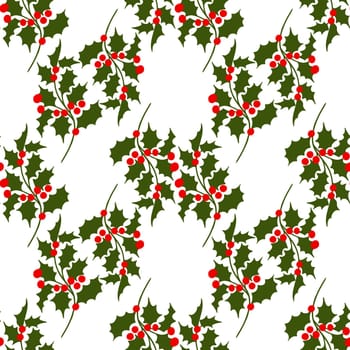 Hand drawn seamless pattern with Christmas winter elements in red green pink, traditional retro vintage holly holiday plant design on white background. Bright colorful print for celebration