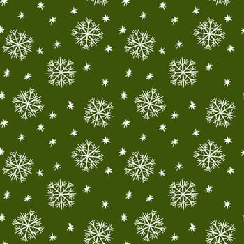 Seamless hand drawn pattern with white christmas snowflake on neutral grass green background. Elegant bohemian minimalist simple winter design in cartoon style, december party decor wrapping new year